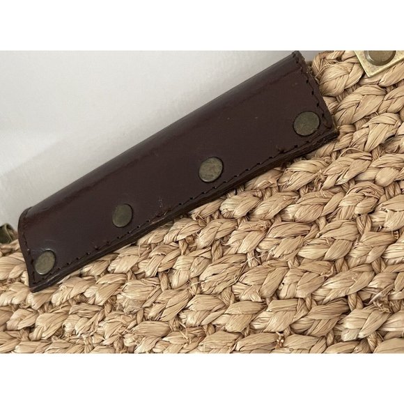 Tocca Natural Straw Wood  Brown Floral Leather Footed Satchel Tote Purse 15 x 19 - Picture 6 of 10